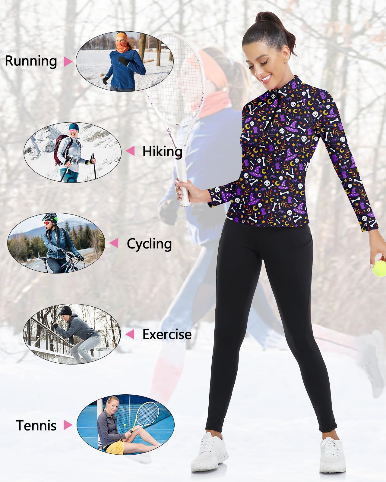 Women's Long Sleeve Golf Shirts Sun Protection Workout Pullover 3/4 Zip Teenis Sweatshirt Athletic Running Top Halloween (Purple Skull,M)