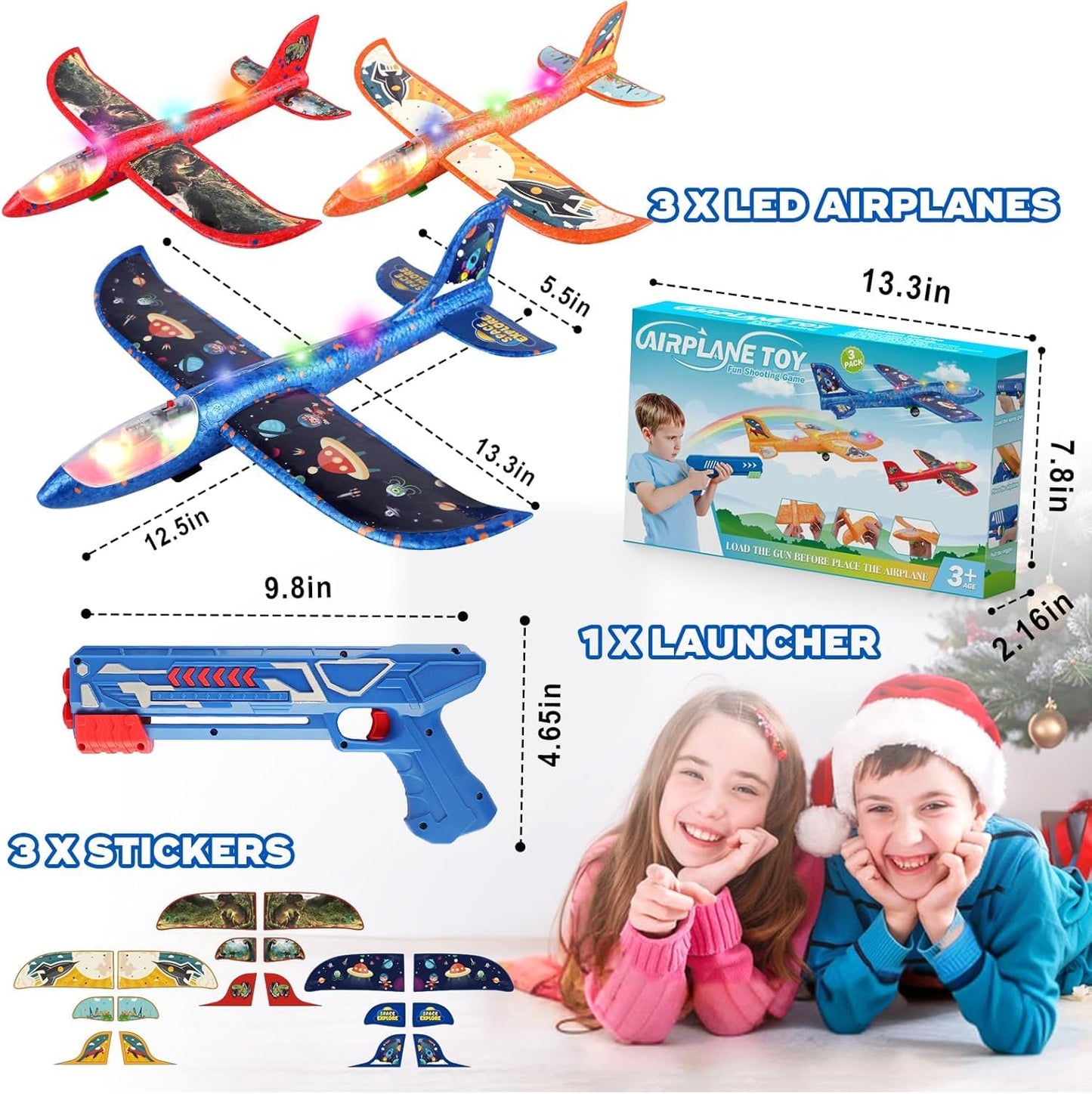 3 Pack Foam Airplane Launcher Toy with 3 DIY Stickers, 12.6" Glider Led Plane, Catapult Plane Boy Toys, Outdoor Sport Flying Toys for Kids Birthday Gifts for 4 5 6 7 8 9 10 11 12 Year Old Boys Girls