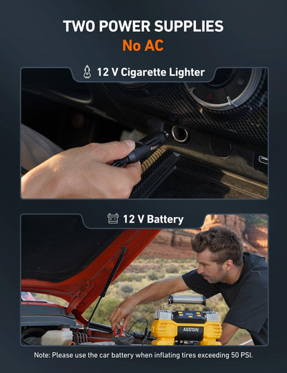 AstroAI Portable 160 PSI DC Heavy Duty Tire Inflator Pump Auto Shutoff with Screen, Dual Cylinders & Dual Motors, 12V Air Compressor for SUVs, RVs, ORVs, Cars, Air Mattresses, etc. Yellow(NO AC)