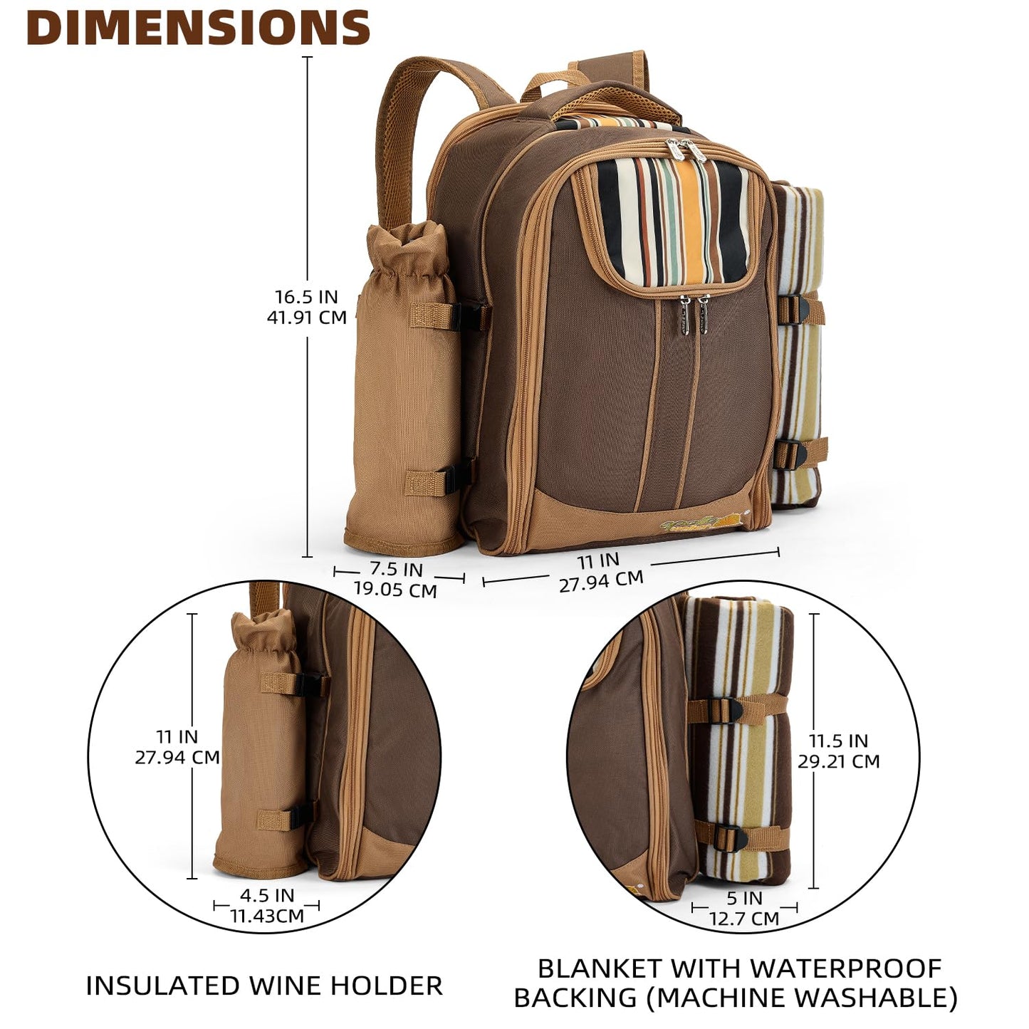 Apollo Walker Picnic Backpack Bag for 4 Person with Cooler Compartment,Wine Bag, Picnic Blanket(45"x53"),Best for Family and Lovers Gifts (Brown)