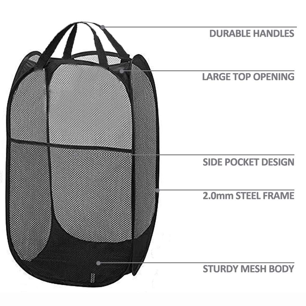 Buenod 2 Packs Mesh Pop up Laundry Hamper (Black) with Portable Handles, Collapsible for Storage, Foldable Pop-Up Laundry Bags for Kids Room, College Dorm or Travel