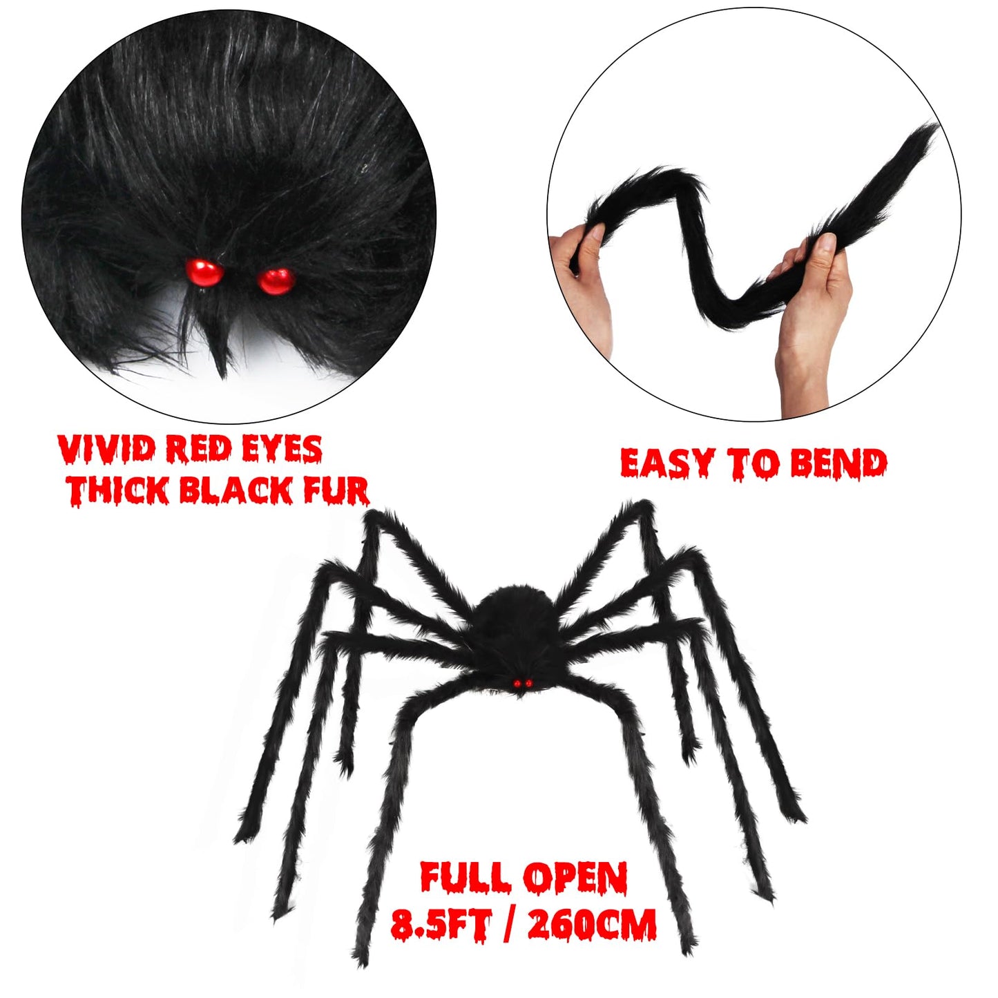 Aiduy Giant Halloween Spider 8.5 Ft - Outdoor Decorations Scary Fake Hairy Props for Yard Creepy Party Decor, Black