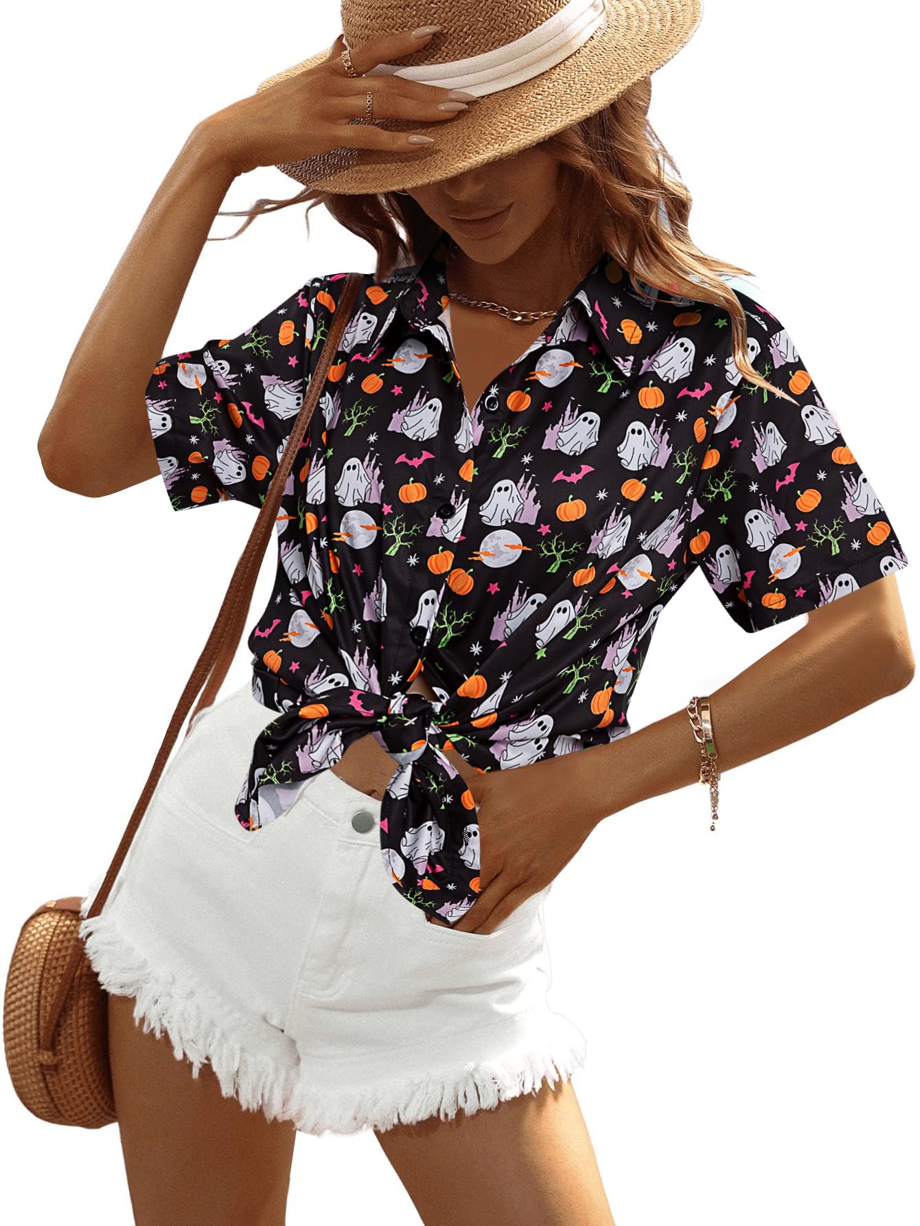 Womens Halloween Hawaiian Shirt Cute Pumpkin Spooky Castle Graphic Tee Magical Halloween Short Sleeve Button Up Tops