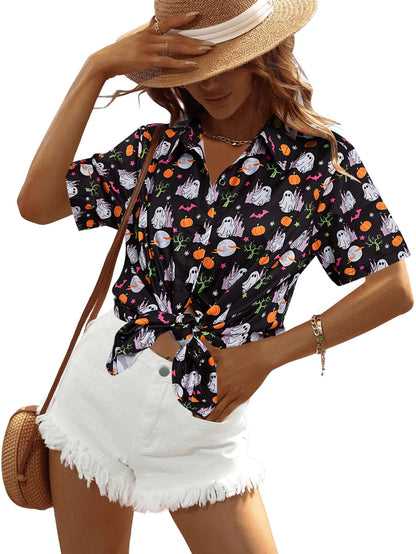 Womens Halloween Hawaiian Shirt Cute Pumpkin Spooky Castle Graphic Tee Magical Halloween Short Sleeve Button Up Tops