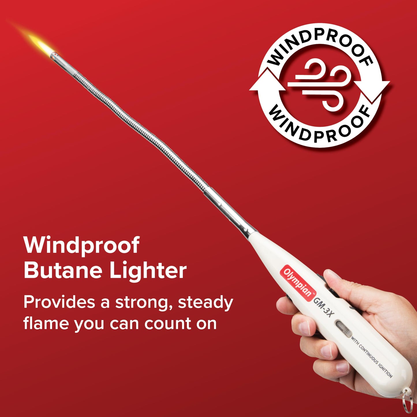 Camco Olympian GM-3X Adjustable Flame Gas Match - Features Windproof Continuous Ignition & Slender Design Equipped with Safety Lock - Refillable with Butane Lighter Fluid (57549)