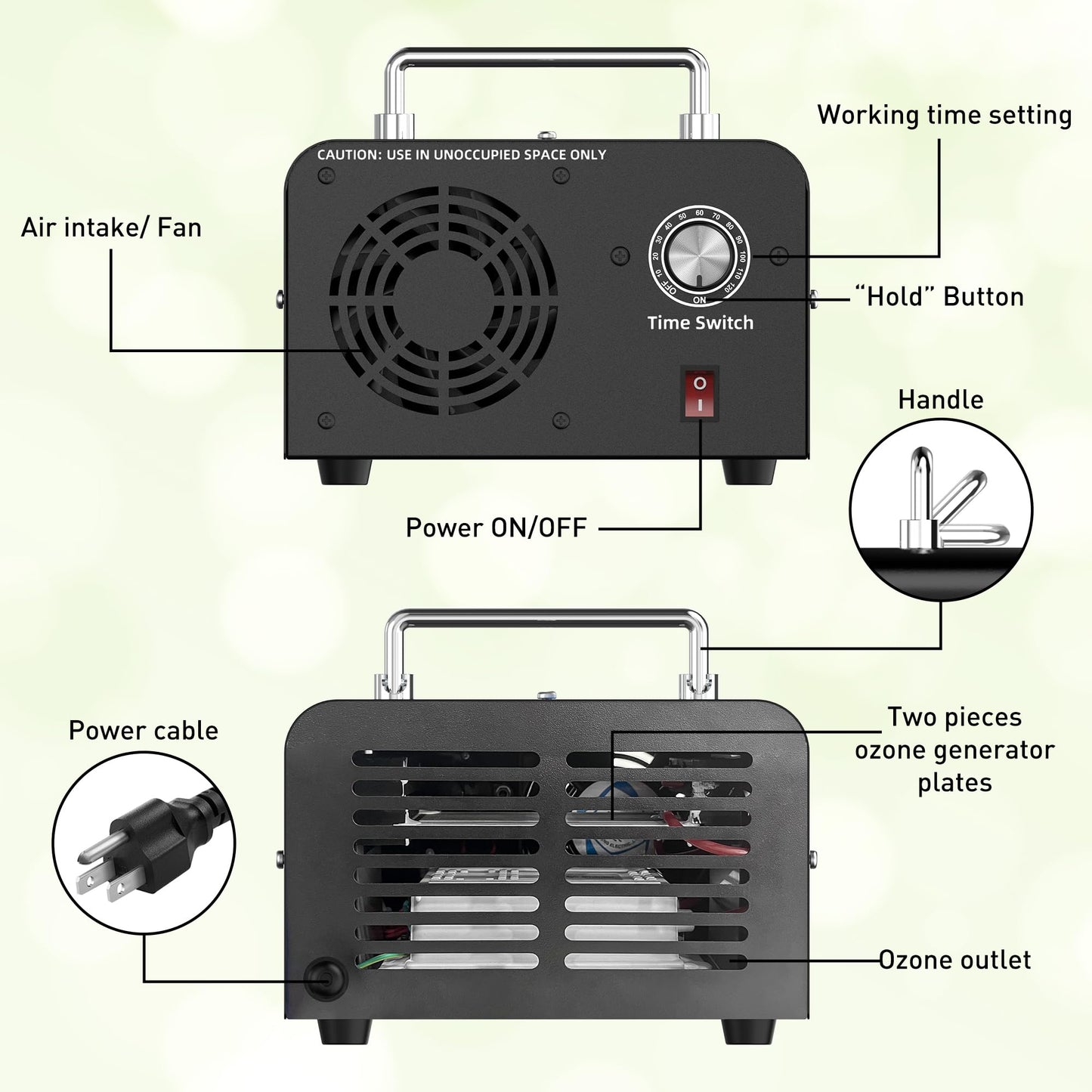 AIIKEE Commercial Ozone Machine 45,000mg/h, Industrial High Capacity of Multipurpose Ozone Purifier with Carry Handle for Home, Bar, Farm and Restaurant Black