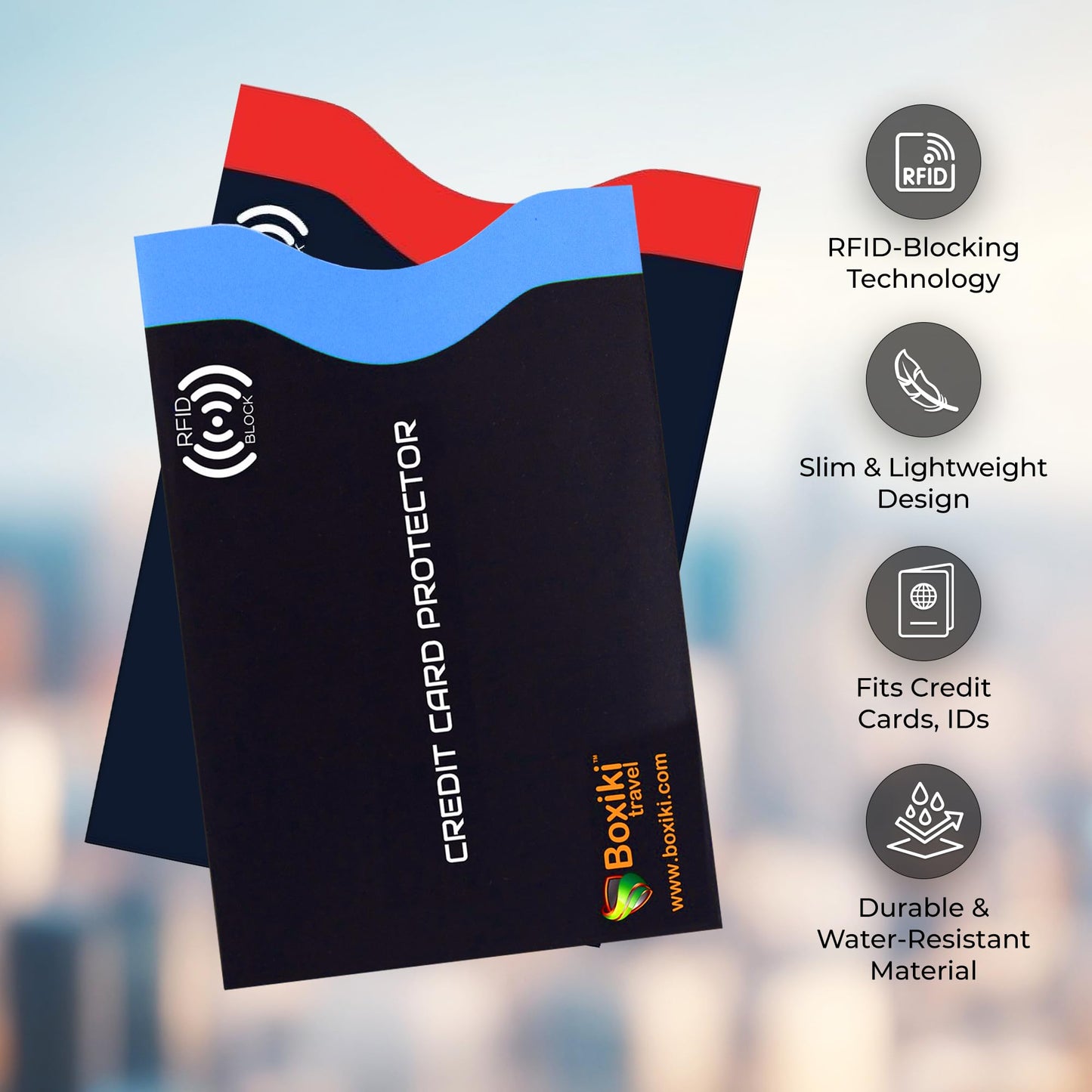 Boxiki Travel RFID Blocking Sleeves, Set with Color Coding | Identity Theft Prevention RFID Blocking Envelopes Set of 12 Credit Card Sleeves (Navy Blue)
