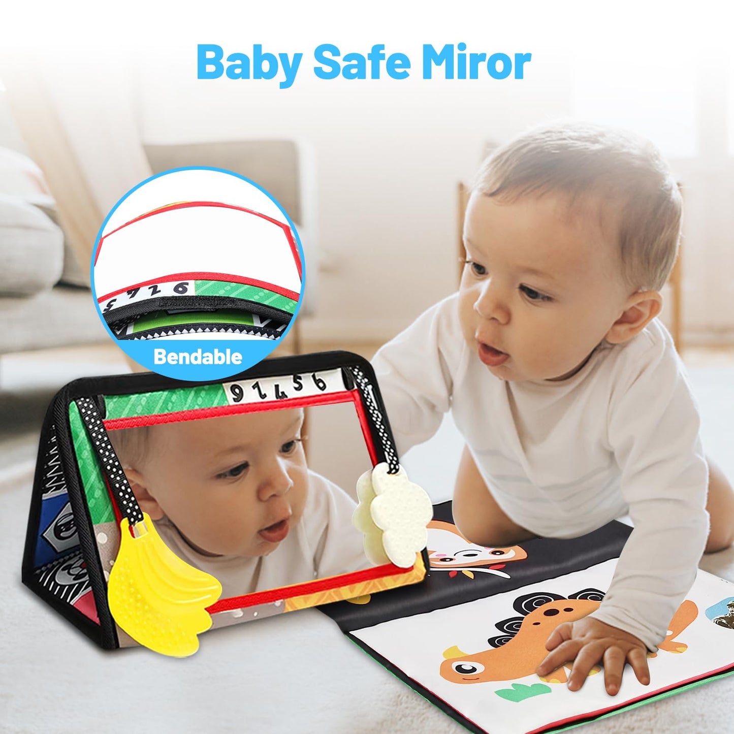 Baby Mirror Toys for Tummy Time, Newborn Infant 0 3 4 6 12 Months Old Boy, Girl Gift. Brain Developmental Montessori Sensory High Contrast Crinkle Book w Safe Mirror for Floor, Crib, Car, Bouncer
