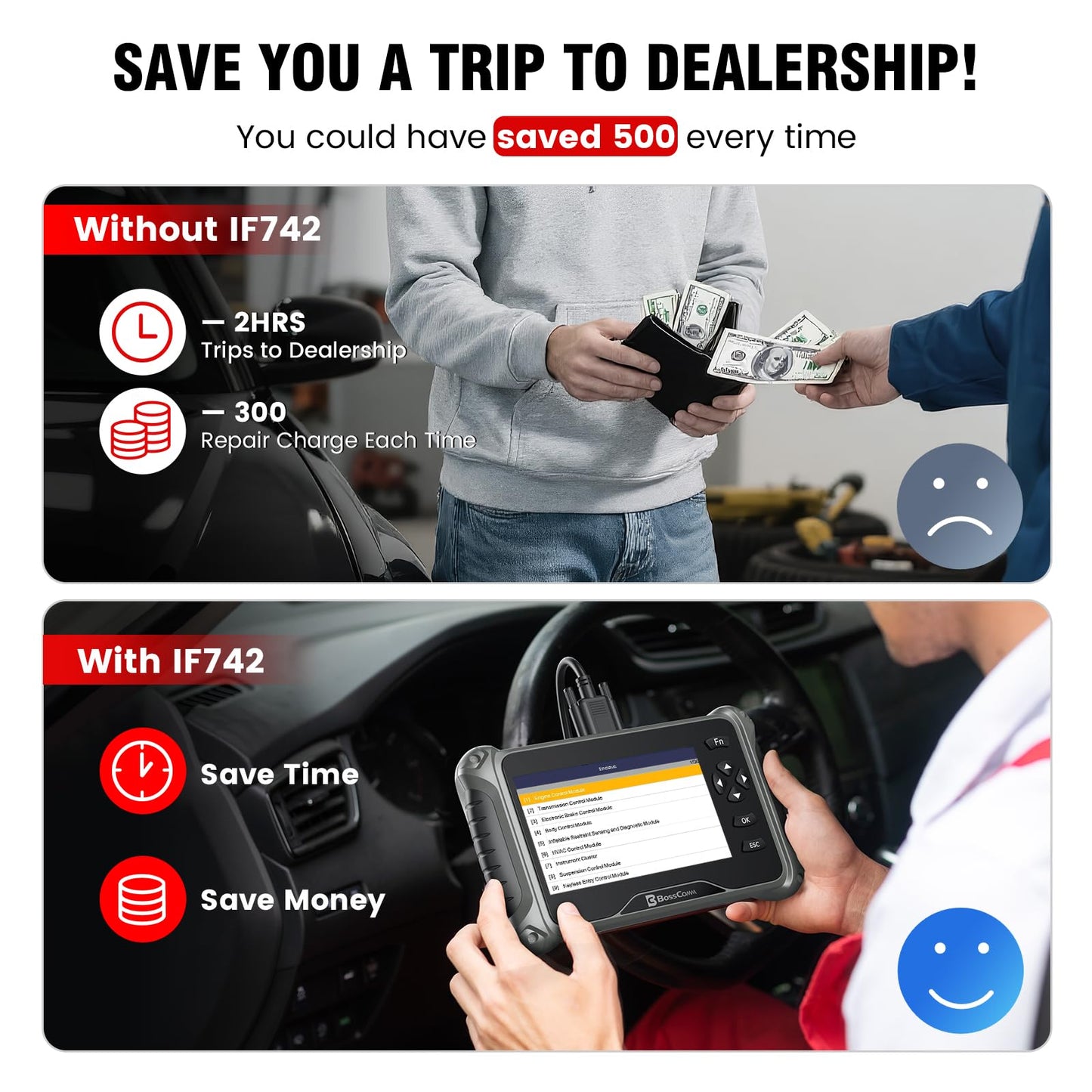 BOSSCOMM IF742 OBD2 Scanner, ABS/SRS/Transmission/Check Engine Code Reader Scan Tool with 6 Resets, ABS Bleeding/Oil/EPB/SAS/Throttle/BMS, Car Scanner Diagnostic Tool for All Cars, Upgraded of IF740