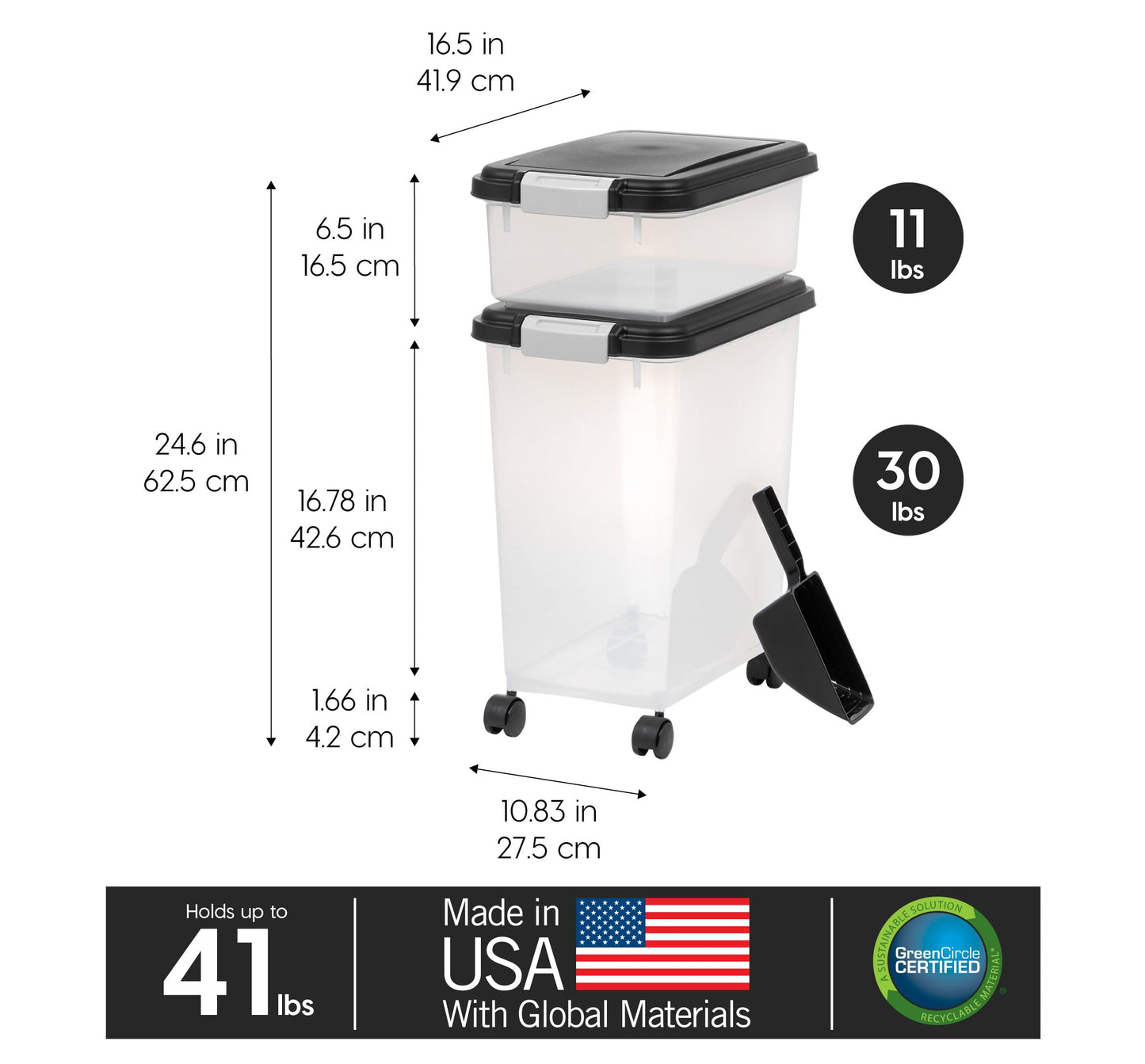 IRIS USA Dog Food Storage Container, 30 lbs & 11 lbs Combo, Cat Food Storage Container, Dog Treat Container, Airtight, Stackable, 2-Cup Scoop, Wheels, Easy Mobility, Black