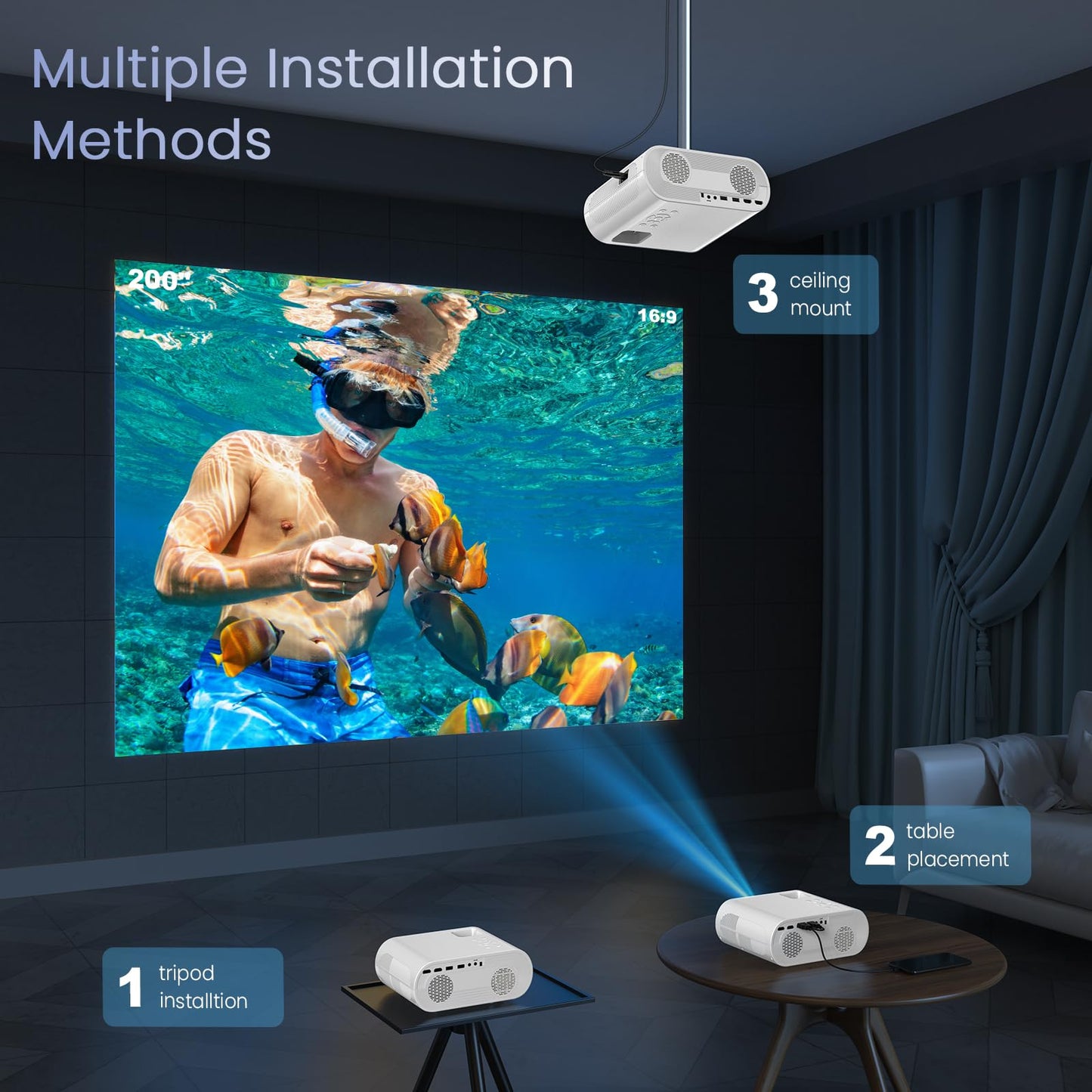 HOMPOW Projector, Native 1080P Full HD Bluetooth Projector with Speaker, Outdoor Portable Movie Mini Projector Compatible with Laptop, Smartphone, TV Stick, Xbox, PS5