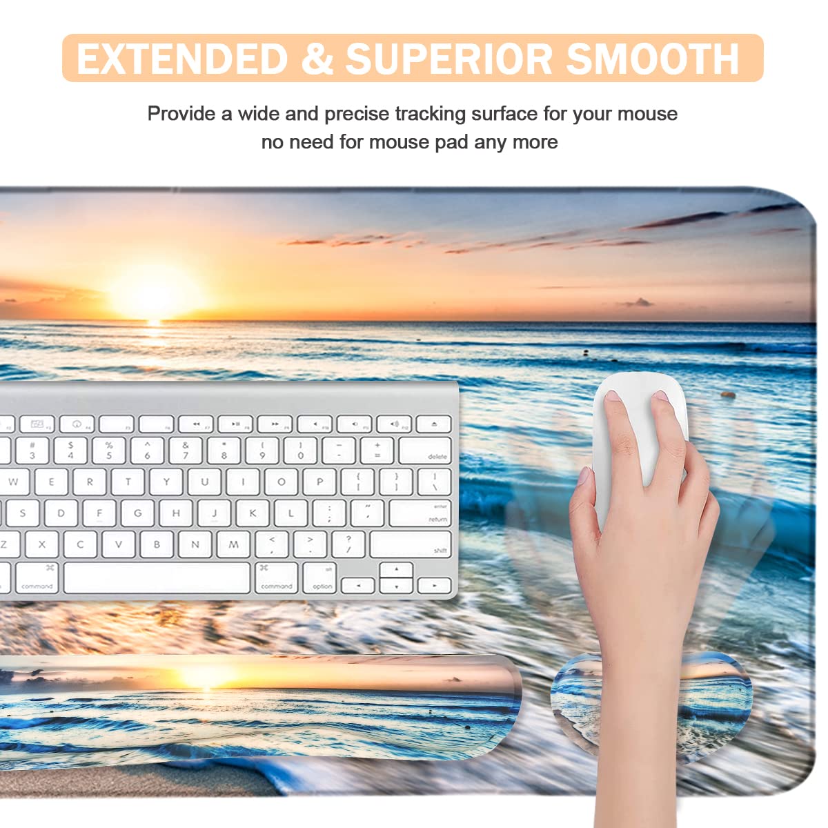 4-in-1 Large Gaming Mouse Pad, Keyboard Wrist Rest Pad & Wrist Support Mousepad Set, Extended Desk Pad Waterproof Desk Mat for Home Office Study Game-Beach