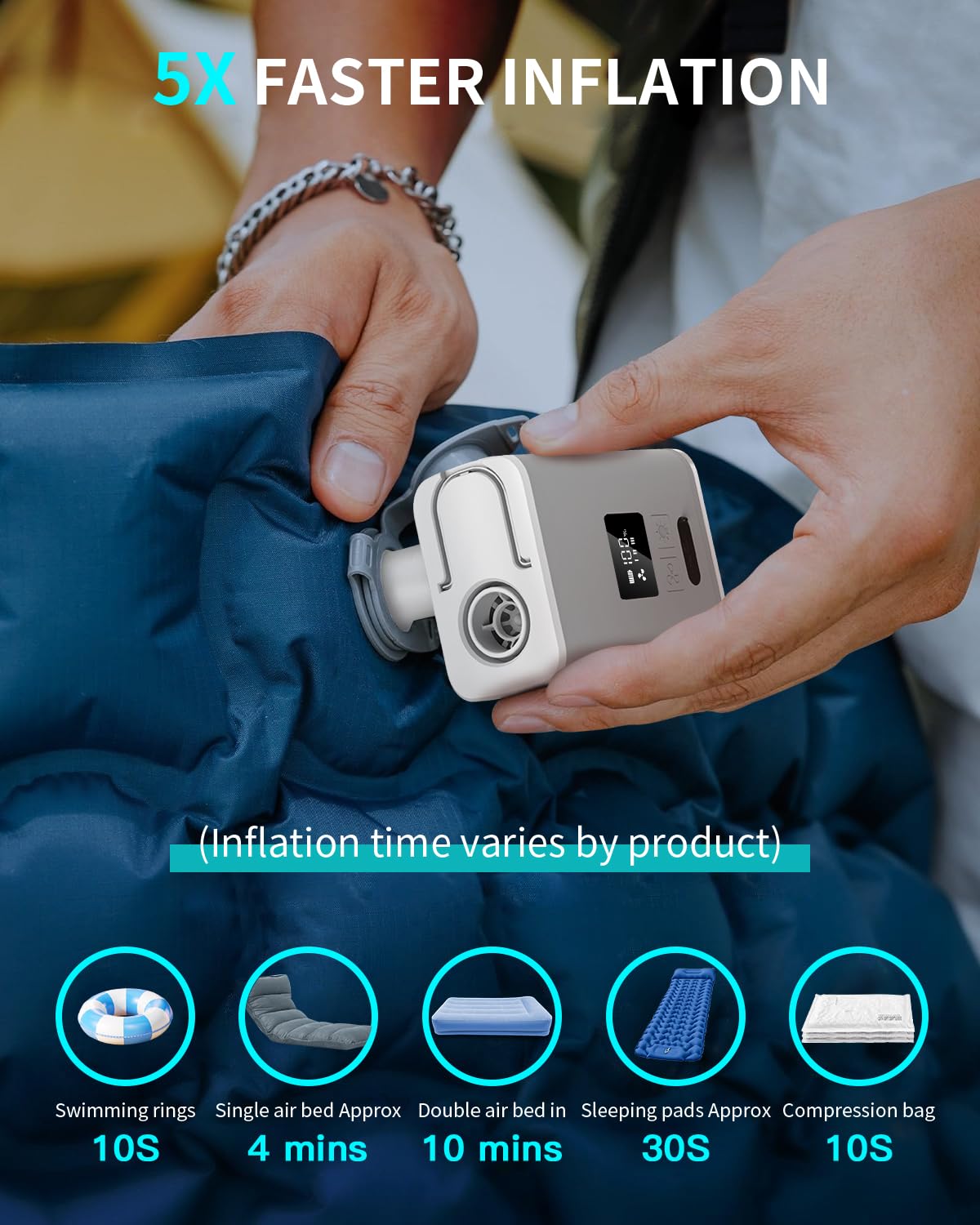 Air Pump for Inflatables Mini Air Mattress Pump Portable Electric Air Pump for Pool Floats,Swimming Rings, Sleeping Pads, Vacuum Storage Bags 5X with 5000mAh Battery & Light, USB Rechargeable