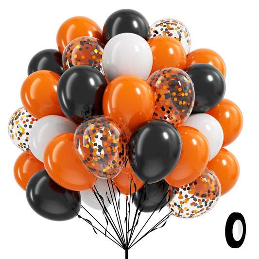 60pcs Orange and Black White Halloween Balloons, 12inch Black Orange White Latex Confetti Balloons for Ghost Halloween Birthday Party Decorations