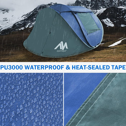4 Person Pop Up Tents for Camping - AYAMAYA Waterproof Instant Family Tents with Skylight & Removable Rainfly, Upgraded Large Size with 2 Doors -Automatic Easy Setup Beach Tent with Poles