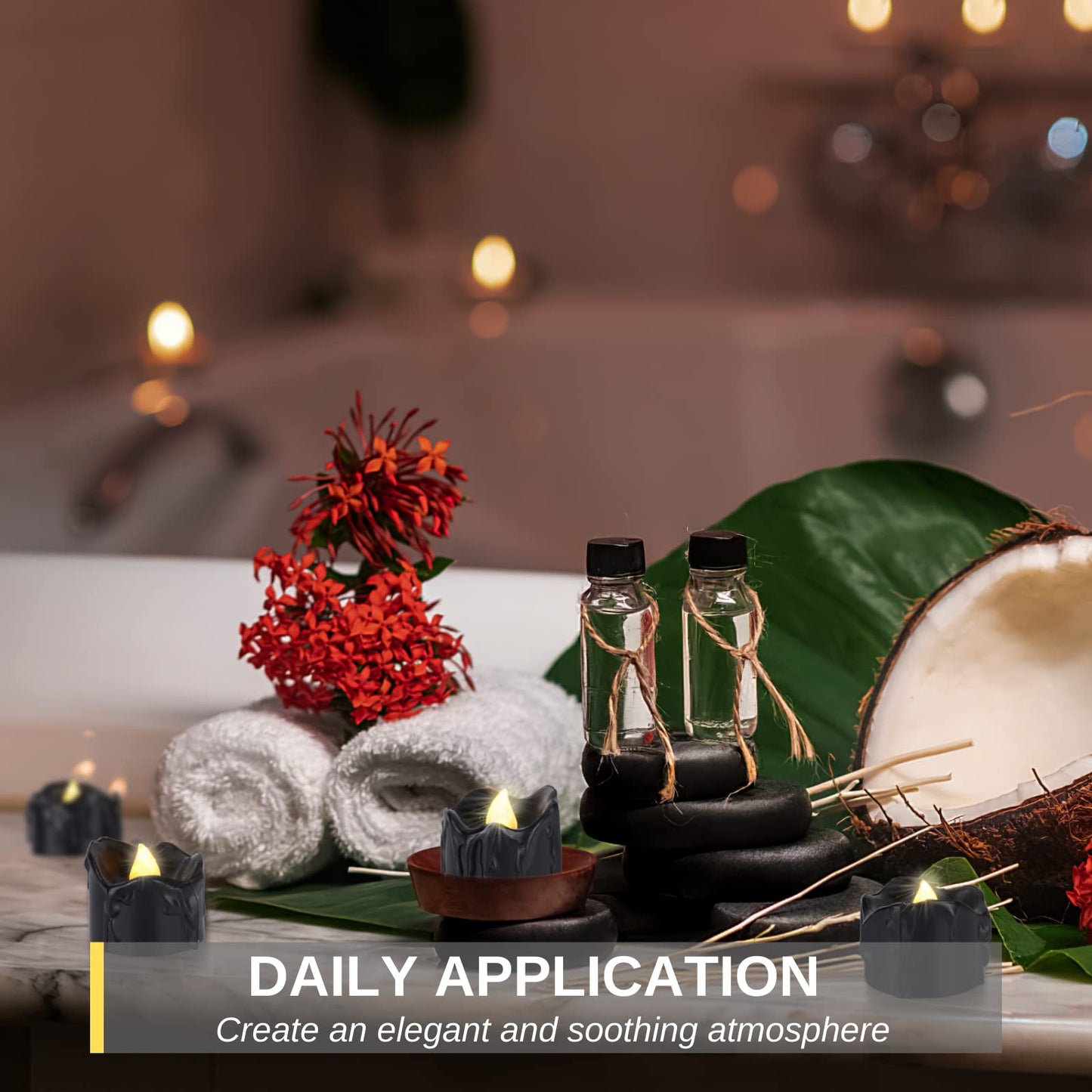 Homemory 24-Pack Melting Black Candles Battery Operated Tea Lights, Halloween Flameless Flickering Candles, Ideal for Holiday Decor, Theme Party, 1.58" Dia X 1.2''H, Warm White Glow