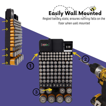 Bee Neat Battery Organizer and Storage Case with Tester - Battery Storage Box for Wall or Drawer - Max. 114 Batteries AA, AAA, 9Volt, C, D & Watch Batteries