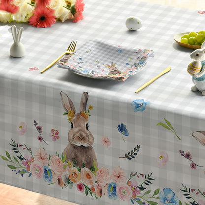 Horaldaily Easter Tablecloth 60x84 Inch Rectangular, Spring Flower Buffalo Plaid Bunny Table Cover for Party Picnic Dinner Decor
