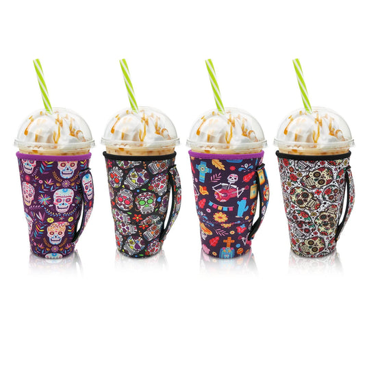 4Pack Reusable Iced Coffee Sleeve Insulator Sleeves for Cold Drinks Beverages, Neoprene Cup Holder for Most Coffee, Fits 30-32oz Large Cups (Sugar Skull with handle)