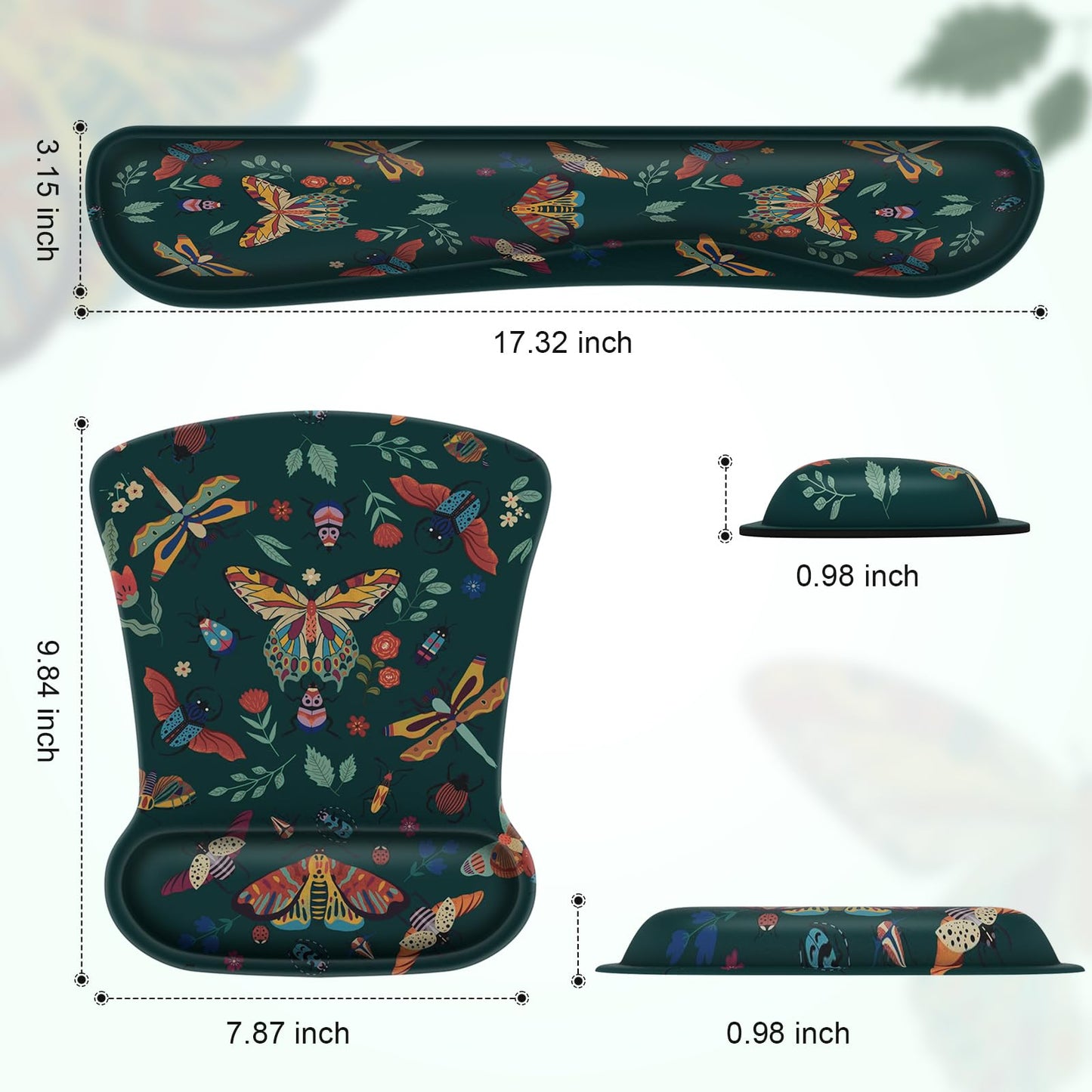 iCasso Ergonomic Mouse Pad with Wrist Rest, Keyboard Wrist Rest Mouse Wrist Rest, Made of Memory Foam, Easy Typing and Relieve Wrist Pain for Computer Keyboard Office(Green Butterfly)