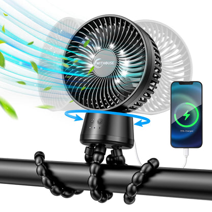 20000mAh Portable Stroller Fan, 120° Auto Oscillation, 3-IN-1 with Power Bank LED Light Detachable Flexible Tripod Rechargeable Battery Powered Clip On Fans Desk for Baby Crib Car Seat Travel
