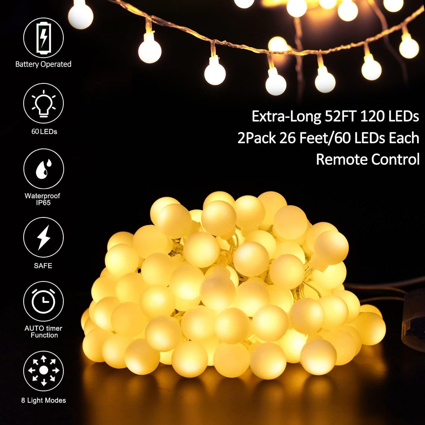 Battery Operated LED Globe String Lights, 2-Pack Total 52FT 120LEDs - Each 26FT 60LEDs 8 Mode Waterproof Christmas Fairy String Lights with Remote for Home Bedroom Garden Wedding Party Decoration