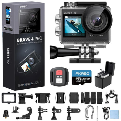 AKASO Brave 4 Pro 4K30 Action Camera with 256GB MicroSD U3 Card 131FT Underwater Waterproof Camera EIS Touch Screen Remote Control with 2x1350mAh Batteries and Helmet Accessories Kit Bundle