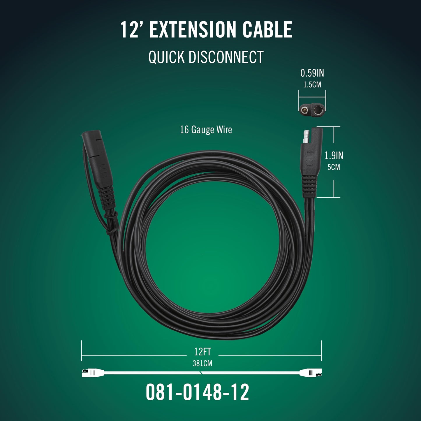 Battery Tender 12 Foot Extension SAE Cable - Designed for Use with Battery Tender Chargers - Quick Connect Plugs for Easy Connection to Motorcycle, Cars, ATVs and More - 081-0148-12