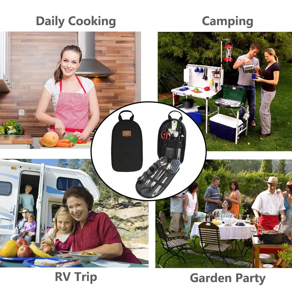 Camp Kitchen Utensil Organizer Travel Set Portable BBQ Camping Cookware Stainless Steel Utensils Travel Kit Outdoor Equipment Cutting Board Tongs Scissors Knife Ladle Spatula
