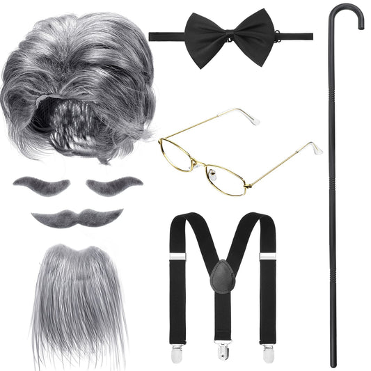 WILLBOND 8 Pcs Old Man Costume Old Man Wig Cane Glasses Faux Eyebrows Mustache Suspenders Bow Tie for Grandpa Halloween Cosplay(Dark Gray)