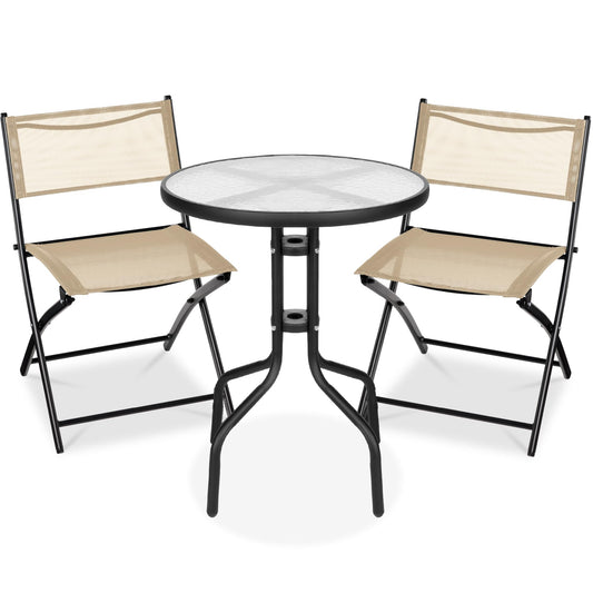 Best Choice Products 3-Piece Patio Bistro Dining Furniture Set w/Textured Glass Tabletop, 2 Steel Folding Chairs, Polyester Fabric - Beige
