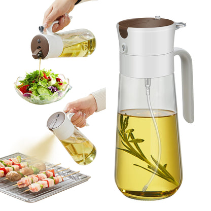 hoforife Glass Olive Oil Dispenser Bottle & Oil Sprayer Bottle 2 In 1 for Kitchen Cooking, Auto Flip Cap, 18oz White