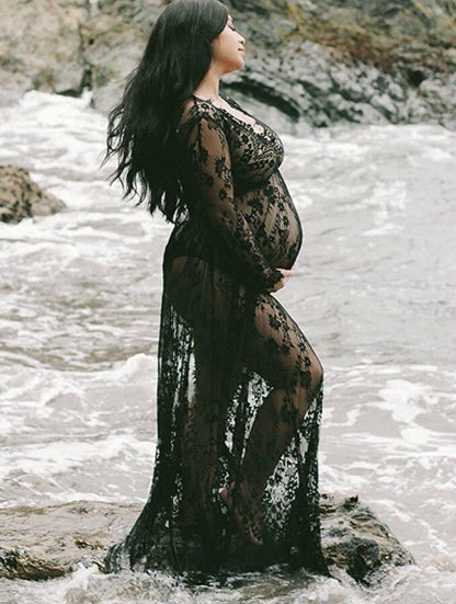 ZIUMUDY Sexy Deep V-Neck Long Sleeve Lace Beach See-Through Maternity Maxi Dress (XX-Large, Black)
