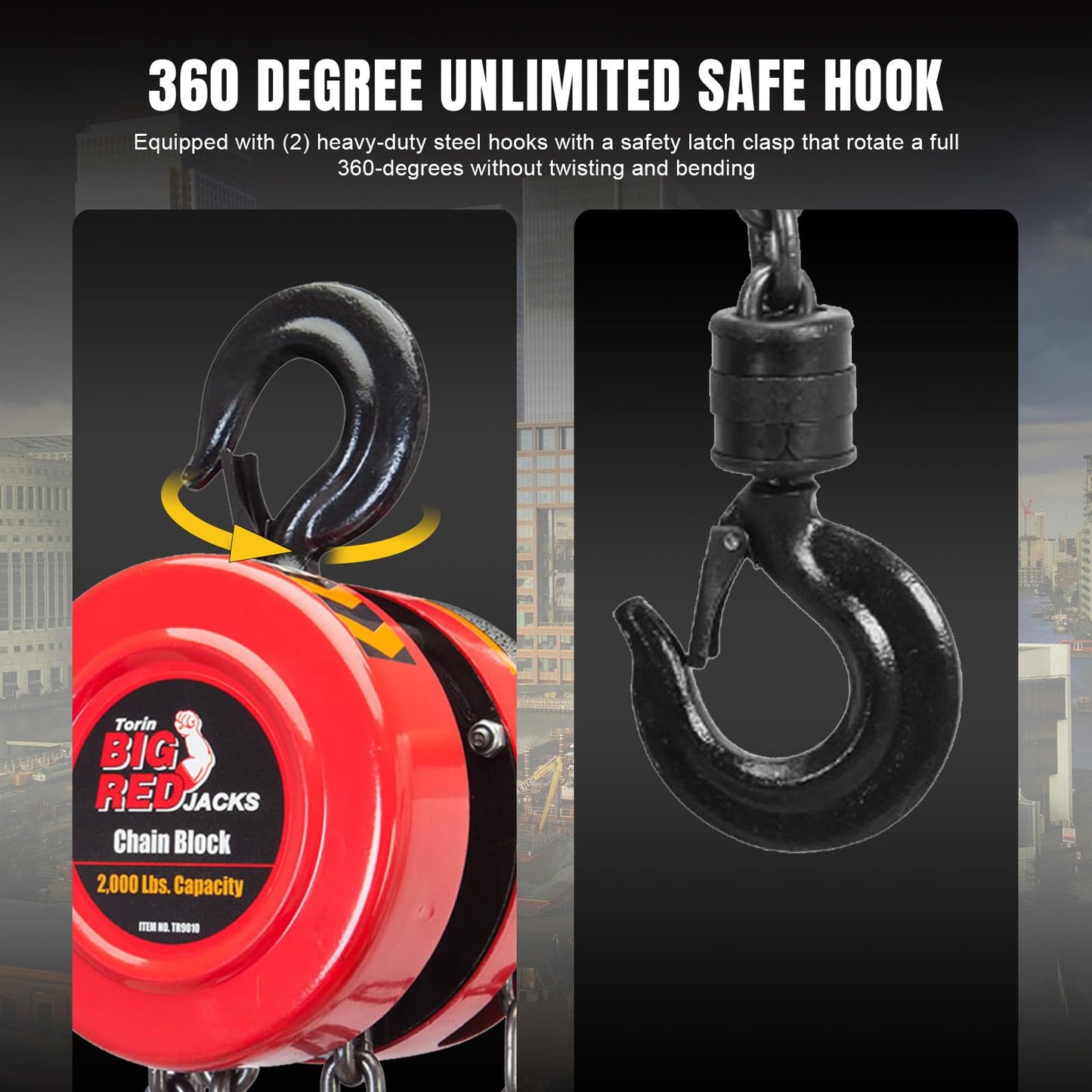 BIG RED Hand Chain Hoist 1 Ton 2000 Lbs Capacity 8ft/2.5m Torin Manual Chain Fall with 2 Heavy Duty Hooks, for Warehouse Automotive Machinery, Red, TR9010