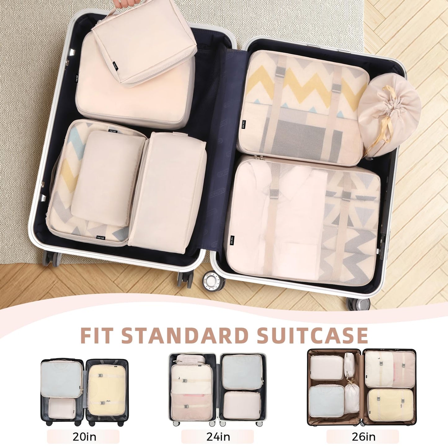 BAGAIL 8 Set Packing Cubes Luggage Packing Organizers for Travel Accessories-Cream