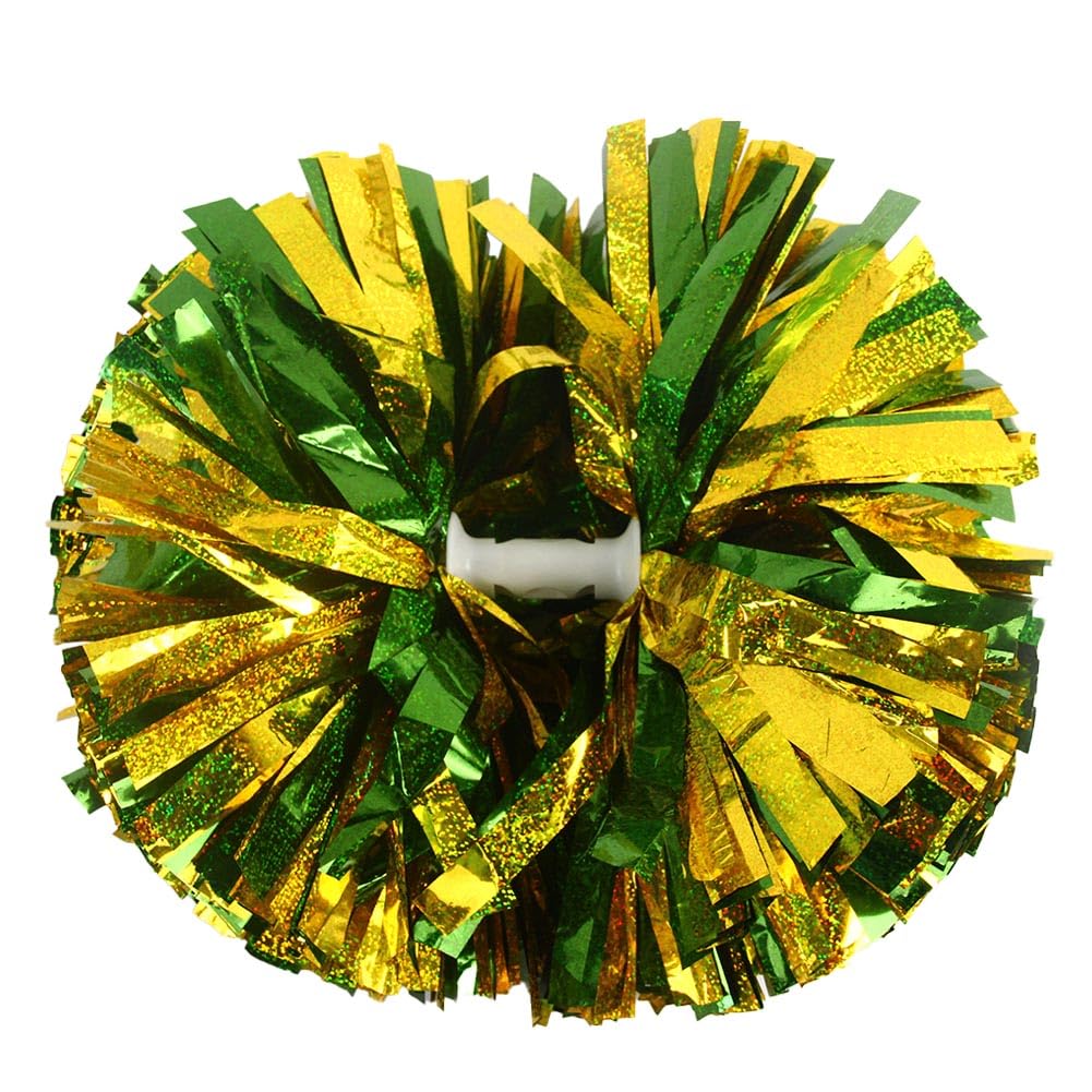 Hooshing 2PCS Pom Poms Cheerleading Green and Gold Professional Holographic Spot with Baton Handle for Team Spirit Sports Party Dance Cheering