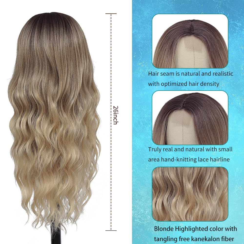 HMHIFI Long Ombre Blonde Wigs for Women 26 inch Long Wavy Middle Part Wig Ombre Blonde Wigs Upgraded Protein Fiber Hair Replacement Wig Cosplay Costume Halloween Wig(26'' Brown Ombre Blonde)