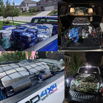 Amiss 3' x4' Stretches to 6' x 8' Truck Cargo Net, Roof Rack Cargo Net for Pickup Trucks SUV, Heavy Duty Truck Bed Cargo Bungee Net with 12 Blue Clips and Storage Bag， Car Exterior Accessories