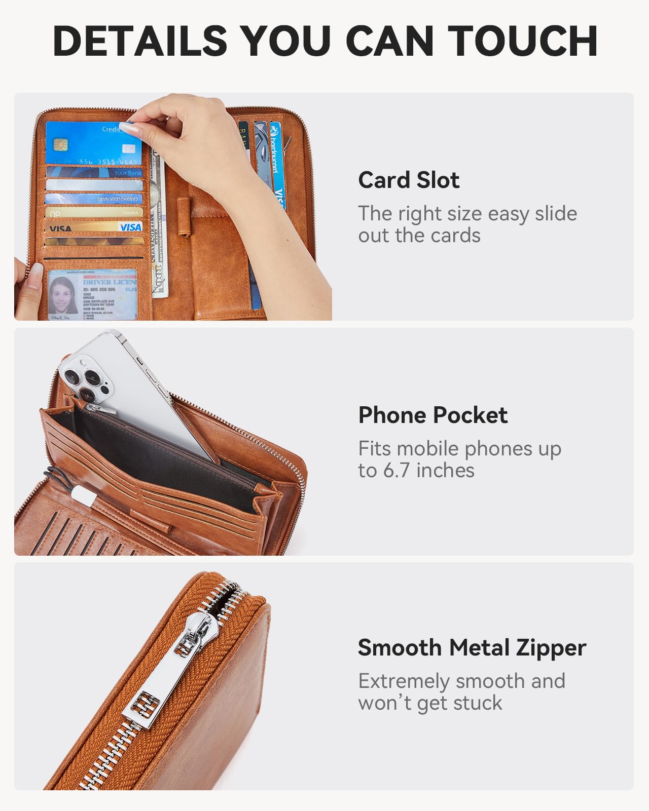 BOSTANTEN Leather Wallet for Women RFID Blocking Zip Around Credit Cards Holder Phone Clutch Brown