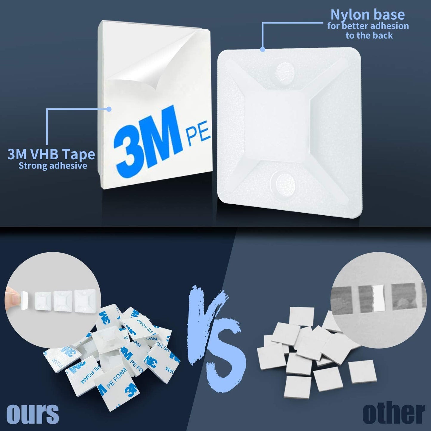 HUASAI 4/5" 100 Pack Zip Tie Mount With Cable Ties,Self Adhesive-backed Mounts for Wire Holder, White Cable Management Clips Wall Anchors