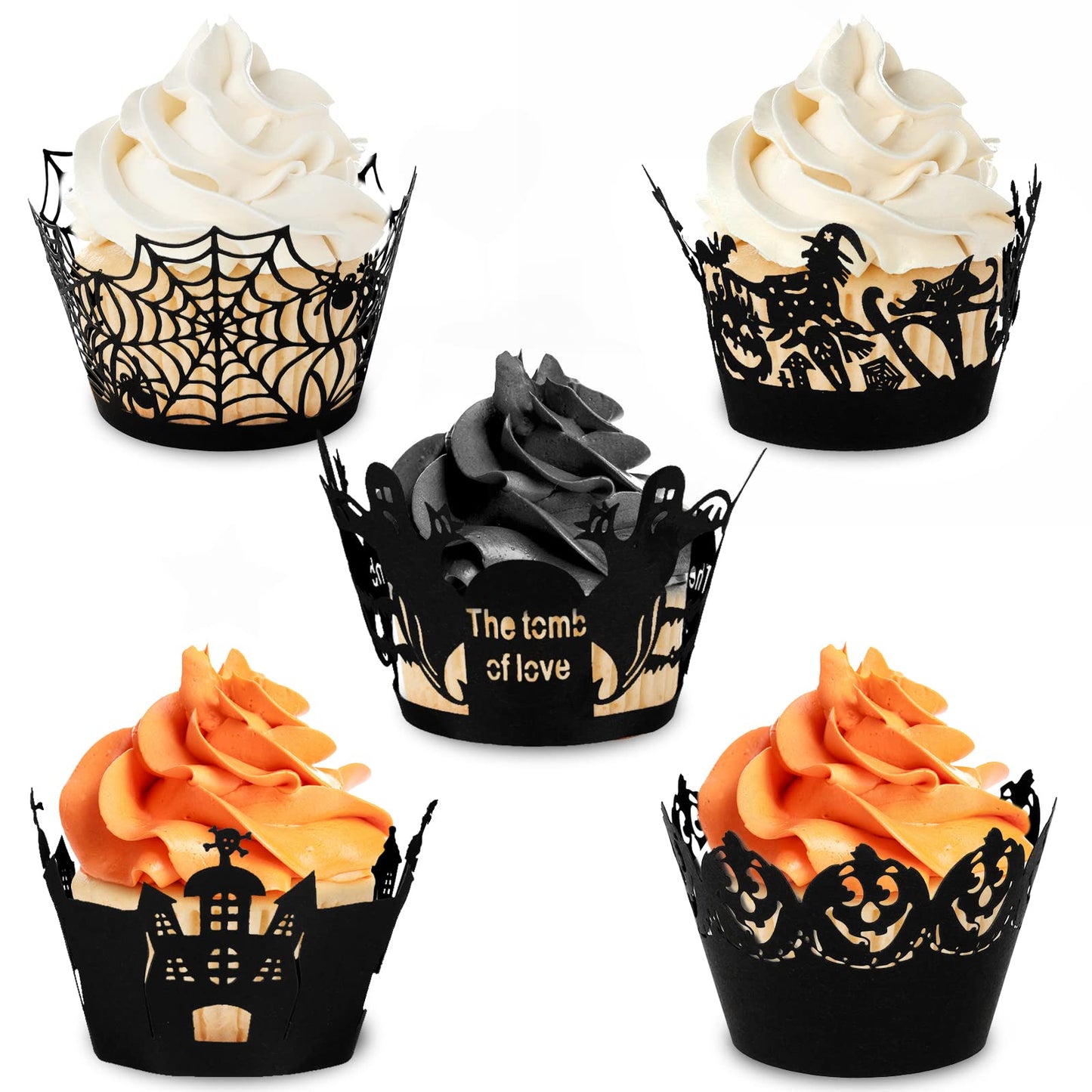 Whaline 100 Pcs Halloween Cupcake Wrappers, Artistic Bake Paper Cups Black Laser Cut Cupcake Liners Cake Decoration for Halloween Theme Party