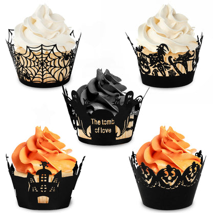 Whaline 100 Pcs Halloween Cupcake Wrappers, Artistic Bake Paper Cups Black Laser Cut Cupcake Liners Cake Decoration for Halloween Theme Party