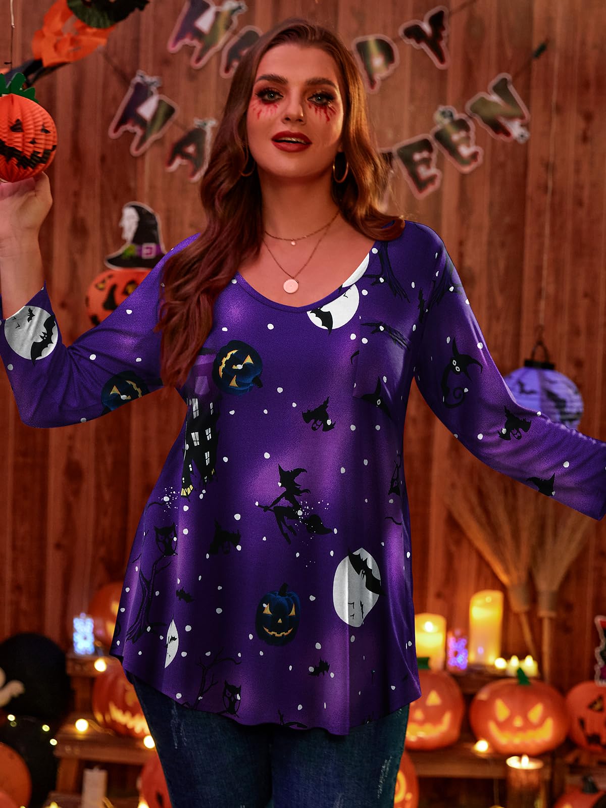 BELAROI Womens Plus Size Halloween Shirts 3/4 Sleeve V Neck Tunic Tops Basic Tee Loose Pumpkin, Witch, Horror, Pattern Print Blouses with Pocket(4X,Flower61)