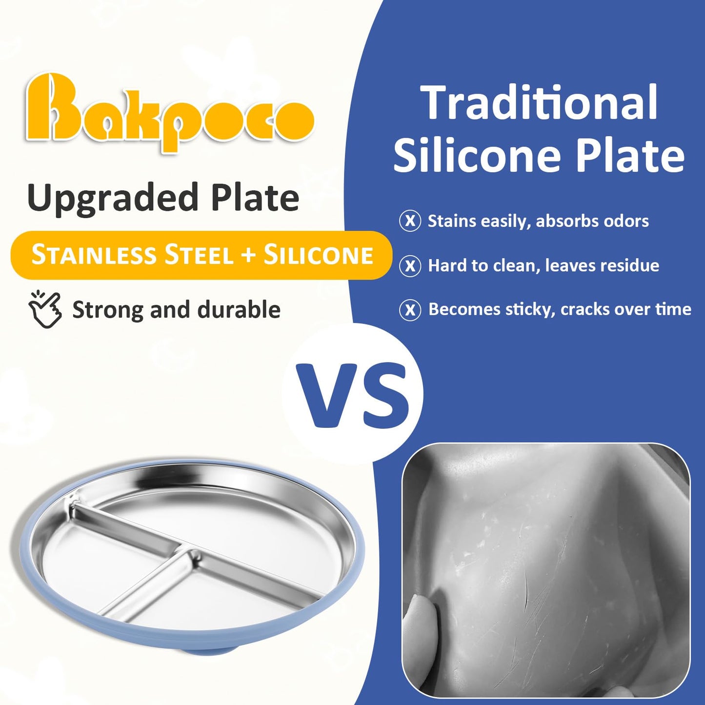 Bakpoco Stainless Steel Toddler Plate with Suction, 9” Divided Plates with Removable Silicone Sleeves for Kids, Non Toxic & BPA Free | Non Slip | Unbreakable Baby Snack Dishes Set of 2, Blue & Gray