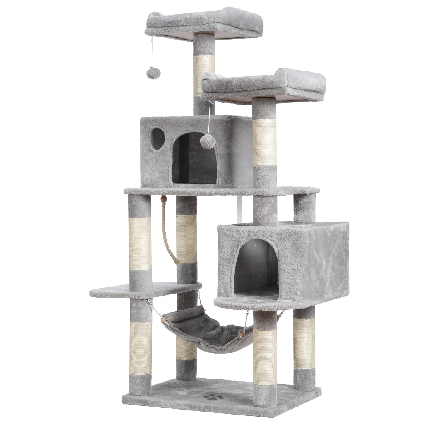 Hey-brother Large Multi-Level Cat Tree Condo Furniture with Sisal-Covered Scratching Posts, 2 Bigger Plush Condos, Perch Hammock for Kittens, Cats and Pets Light Gray MPJ020W