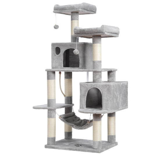 Hey-brother Large Multi-Level Cat Tree Condo Furniture with Sisal-Covered Scratching Posts, 2 Bigger Plush Condos, Perch Hammock for Kittens, Cats and Pets Light Gray MPJ020W