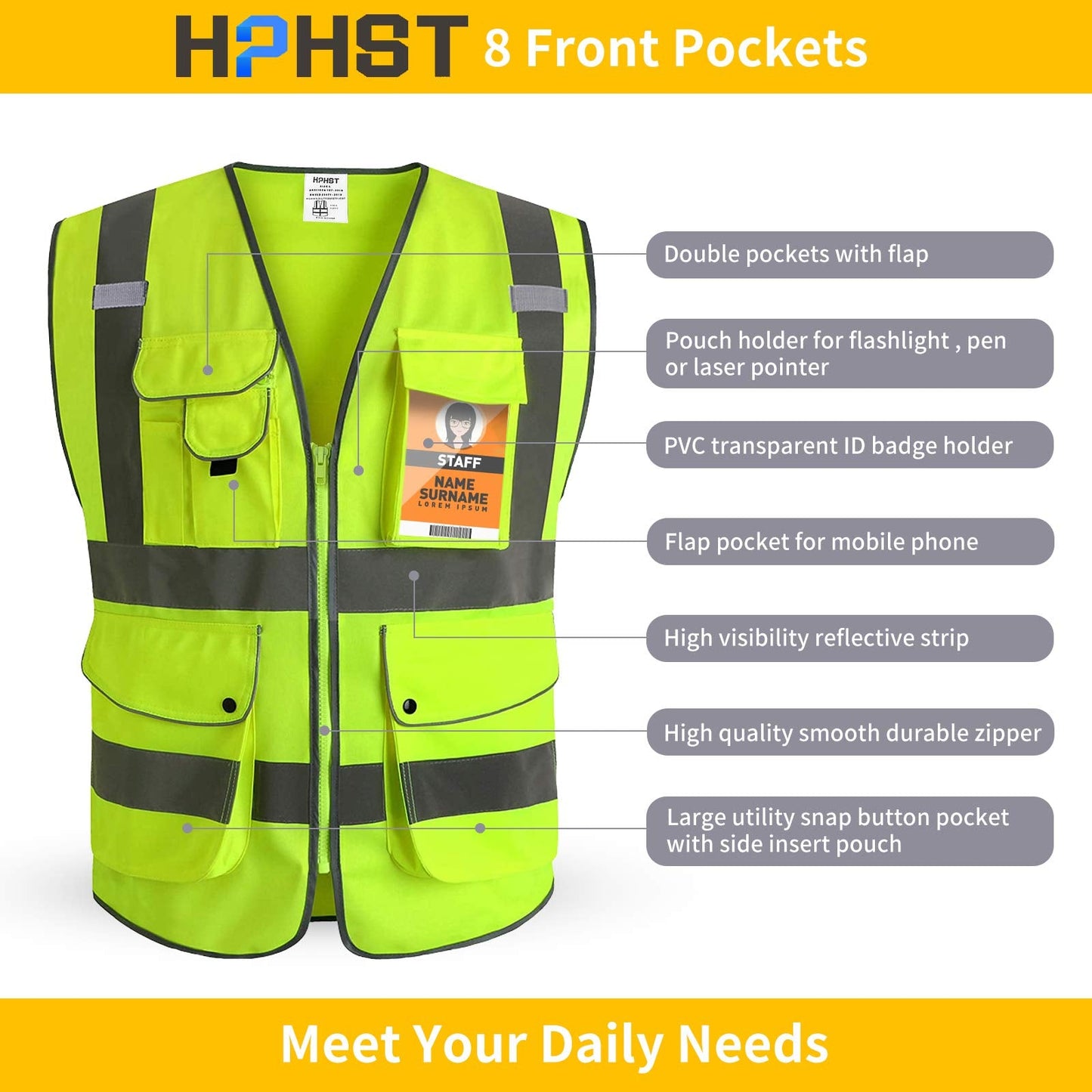 HPHST High Visibility Cycling Vest for Men and Women with Zip Reflective Vest Work Vest EN ISO 20471