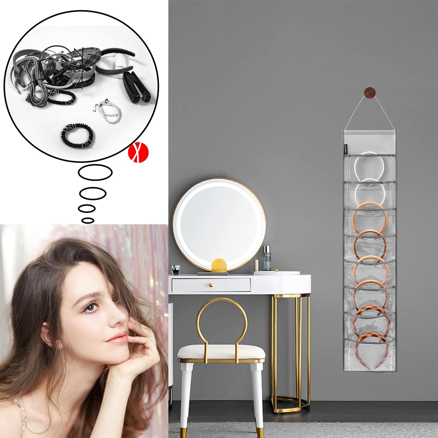 ANZORG Wall Hanging Headband Organizer Ribbon Hair Hoops Storage Hairbands Hair Accessory Holder with Clear Pockets (GREY-8 POCKETS-2 Pack)