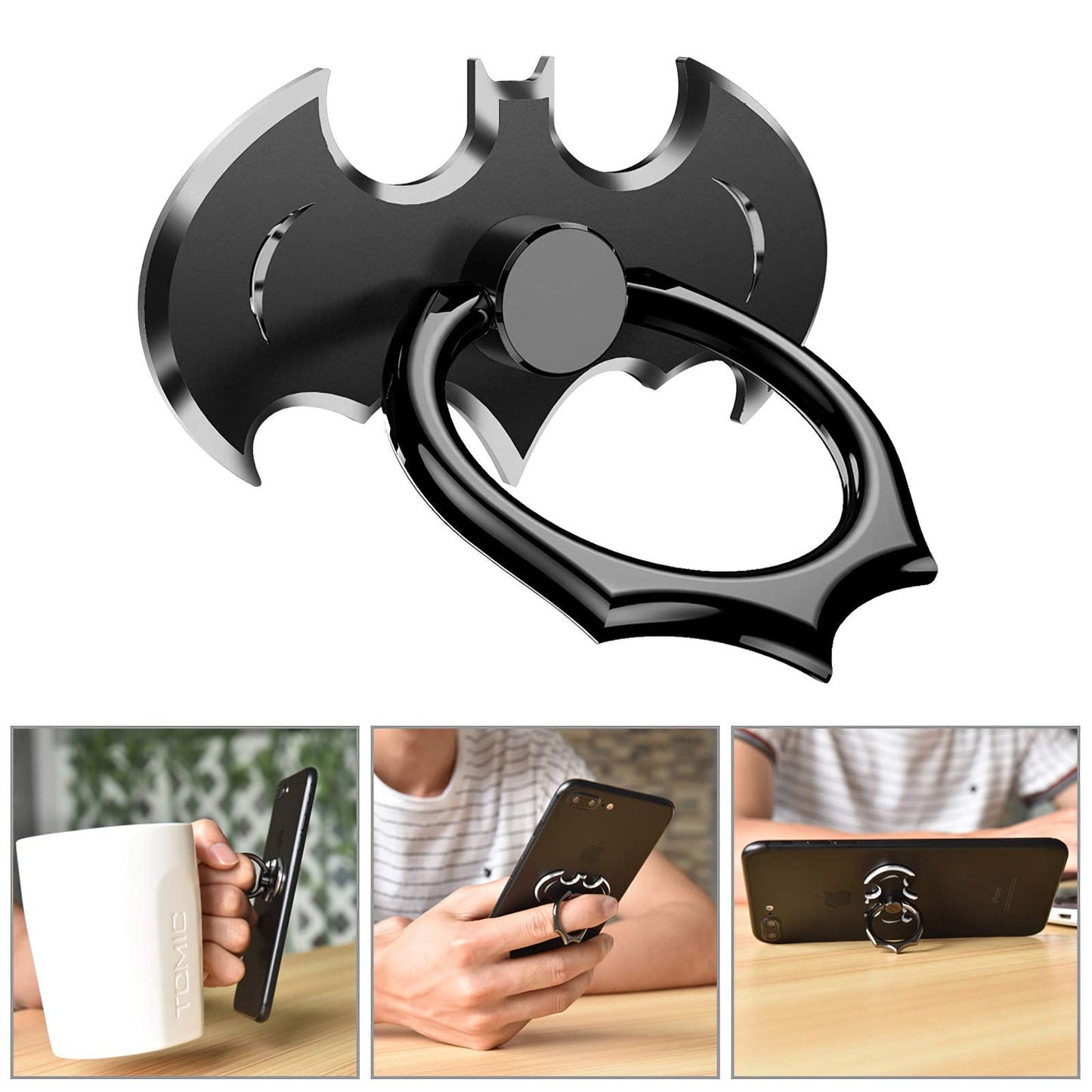 Bat Phone Ring Stand Holder - OATSBASF Cell Phone Ring Holder Finger Grip 360 Degree Rotation Compatible with iPhone 16/15/14/13/12 Pro Max and Other Smartphones（Black+Silver）