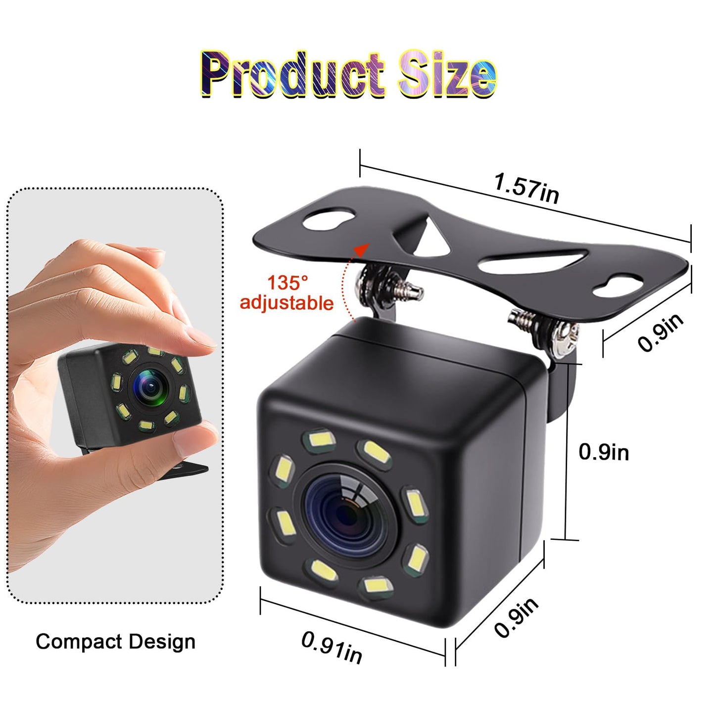 Back Up Camera for Cars, Waterproof 170° View Angle Long License Plate Frame Camera, 8 LEDs Night Vision, Universal Rear View Video for Trucks, Pickup, Vans, SUV, RV